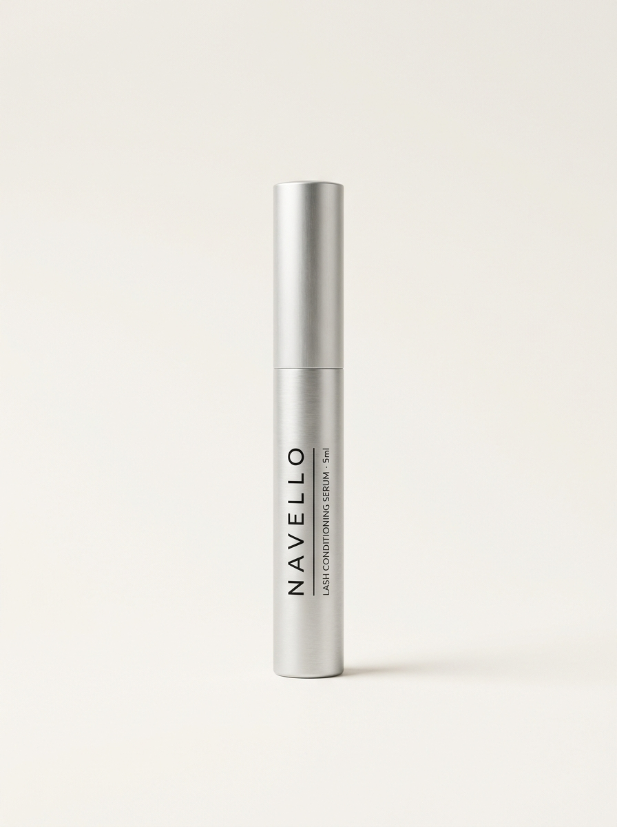 Navello lash conditioning serum, a slim brushed silver 5ml tube standing upright.