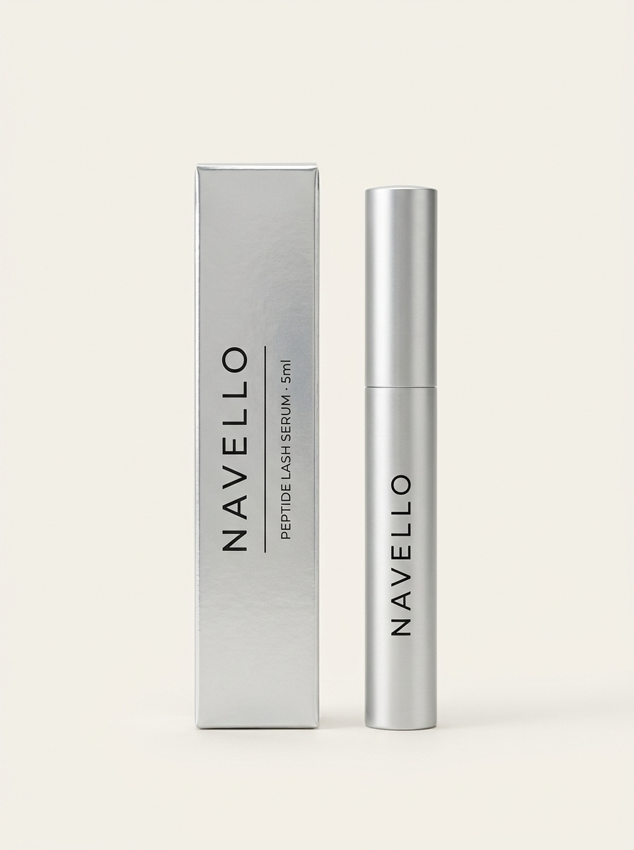 The Navello carton standing beside the silver serum tube.