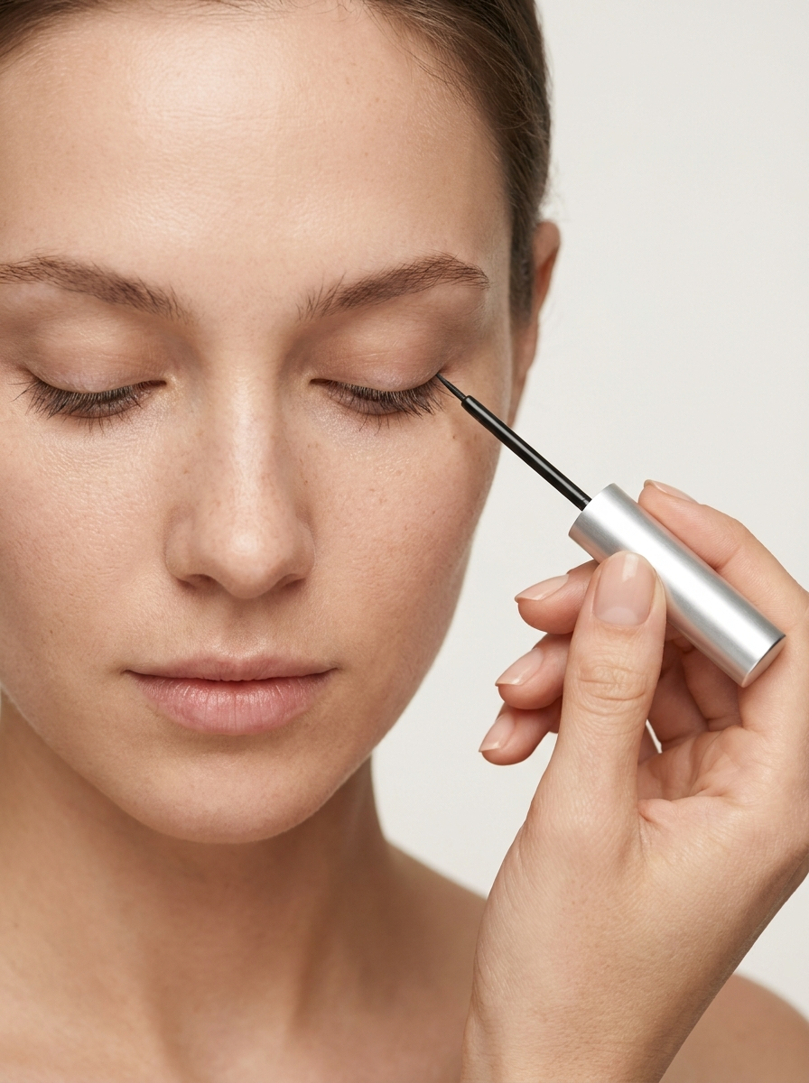 A woman with her eyes closed drawing the Navello applicator along her upper lash line.